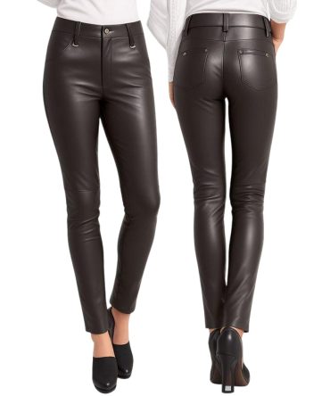 Elegant Dark Brown Leather Pants with Buttoned Details