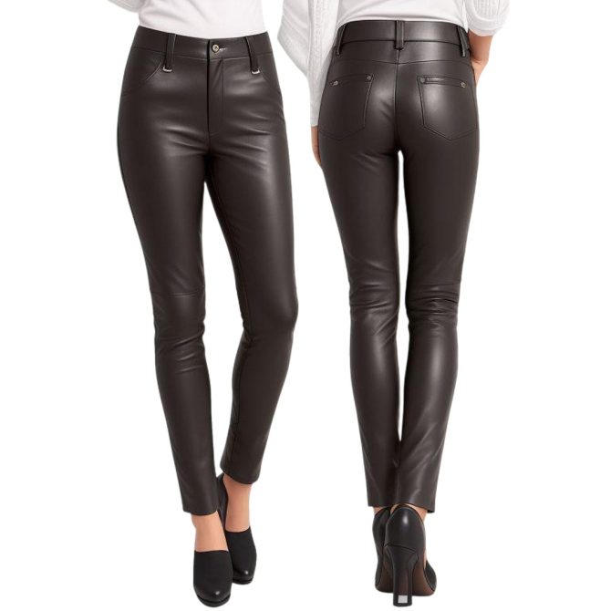 Elegant Dark Brown Leather Pants with Buttoned Details