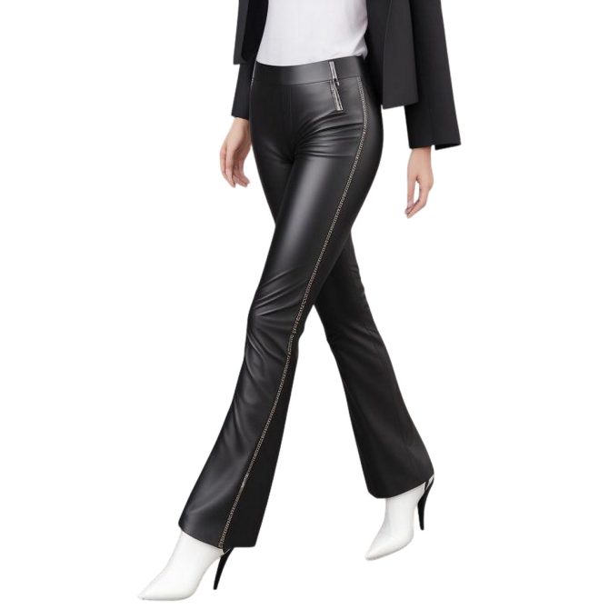 Edgy Elegance: High-Waist Black Leather Pants with Zipper Detail