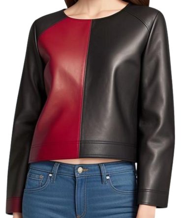 Striking Red & Black Color-Block Leather Jacket