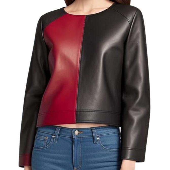 Striking Red & Black Color-Block Leather Jacket