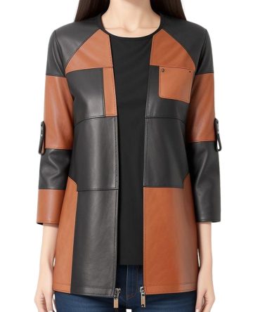 Black & Brown Patchwork Leather Jacket with Rolled Sleeve Charm