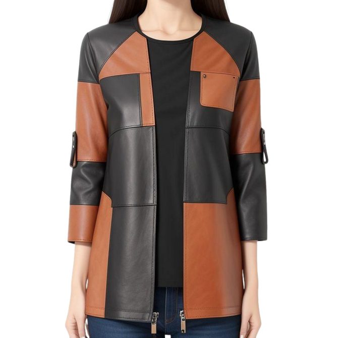 Black & Brown Patchwork Leather Jacket with Rolled Sleeve Charm