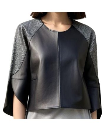 Chic Black Leather Jacket with Textured Shoulder Flair