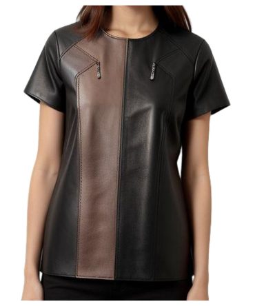 Bold Contrast: Black & Brown Zippered Leather Top