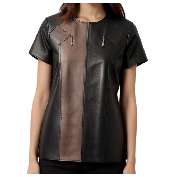 Bold Contrast: Black & Brown Zippered Leather Top