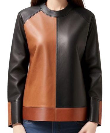Dynamic Contrast: Black & Brown Color-Block Leather Top