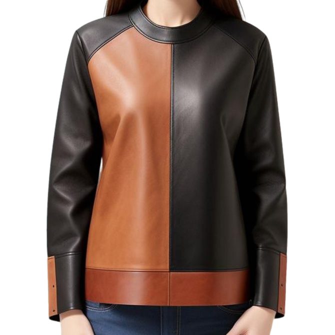 Dynamic Contrast: Black & Brown Color-Block Leather Top