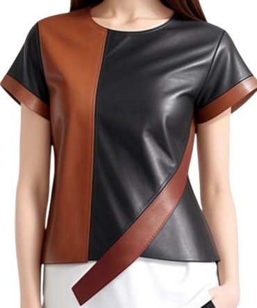 Bold Black & Brown Diagonal Leather Patch Top