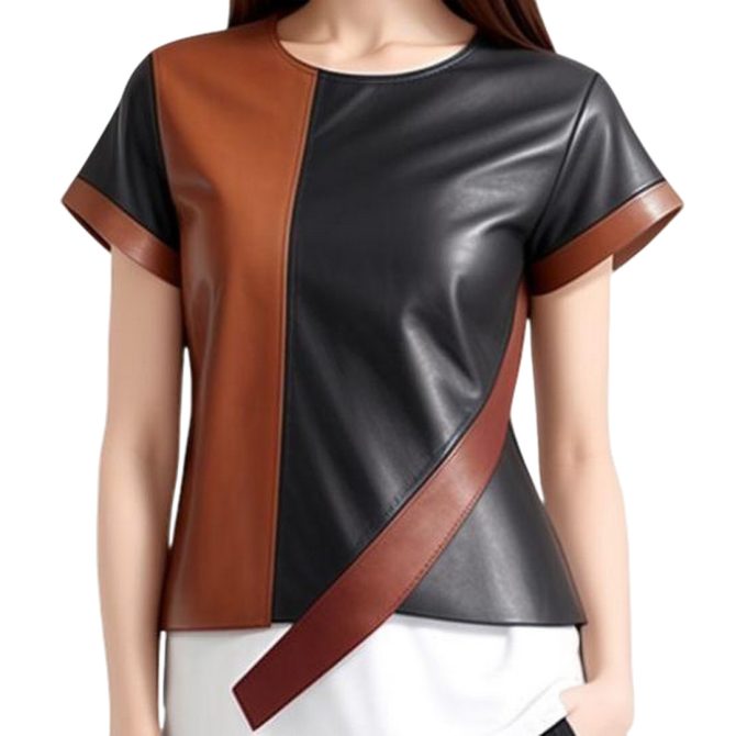 Bold Black & Brown Diagonal Leather Patch Top