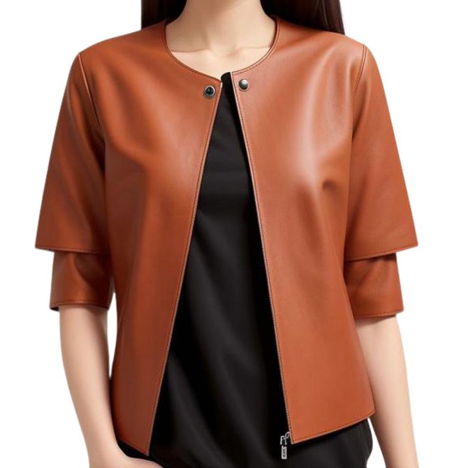 Elegant Brown Layered Leather Jacket with Button Details
