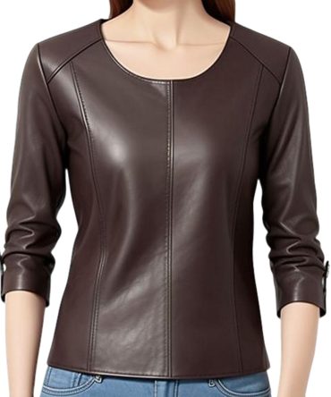 Sophisticated Dark Brown Leather Top with Rolled Sleeves