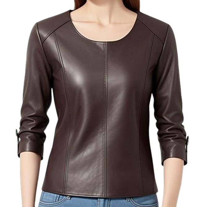 Sophisticated Dark Brown Leather Top with Rolled Sleeves