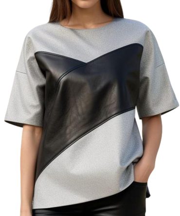 Modern Edge: Light Gray Top with Black Leather Chest Panel