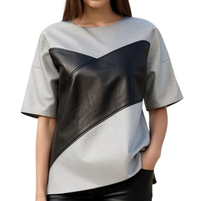 Modern Edge: Light Gray Top with Black Leather Chest Panel