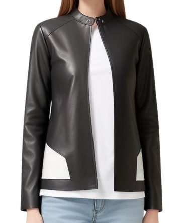 Sleek Black Leather Jacket with White Accents