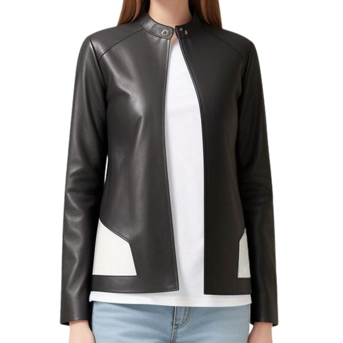 Sleek Black Leather Jacket with White Accents