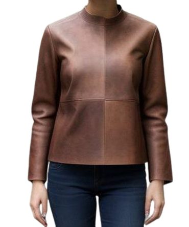 Refined Brown Leather Jacket with Modern High Collar