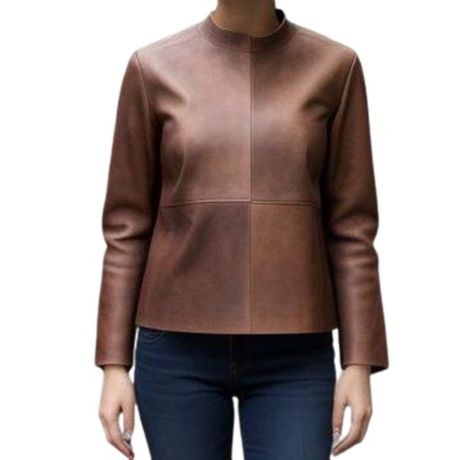 Refined Brown Leather Jacket with Modern High Collar