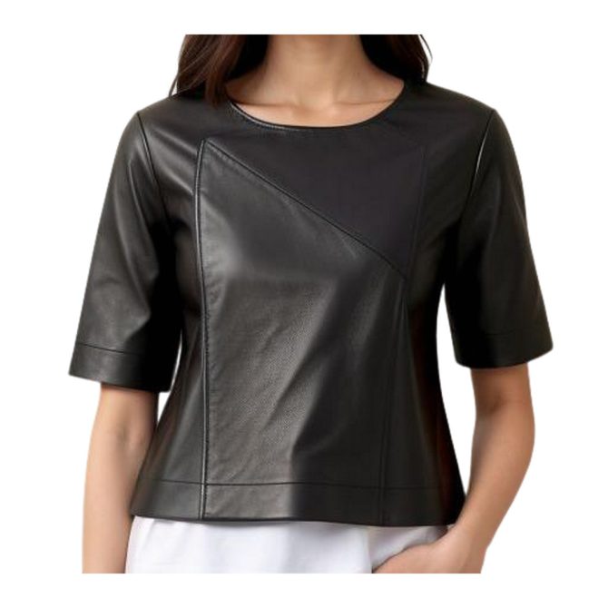Edgy Chic: Black Leather Top with Geometric Stitching