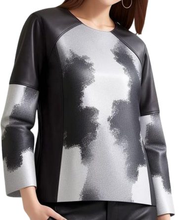 Ink-Style Elegance: Black & White Patterned Long-Sleeved Top