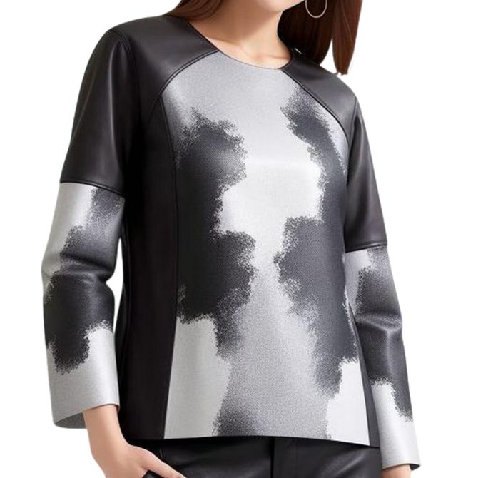Ink-Style Elegance: Black & White Patterned Long-Sleeved Top
